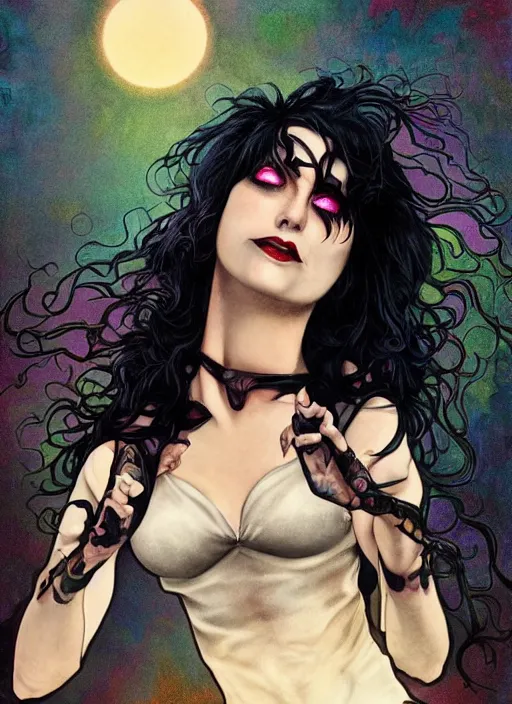 Image similar to death of sandman by neil gaiman, cute gothette, black crop top, smiling, happy, photorealistic, sunset clouds, glamour pose, detailed illustration, digital art, trending on artstation, soft ambient lighting, volumetric lighting, rim lighting, yoshitaka amano, alphonse mucha, arney freytag, maxfield parrish, new art nouveau