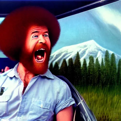 Image similar to bob ross screaming in back of pick up truck on bad acid trip