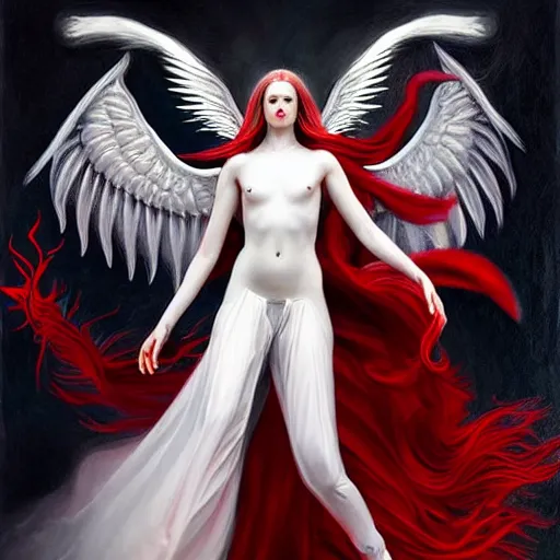 Prompt: beautiful white angel battling red winged devil, surreal, fantasy, intricate, mechanical, elegant, dramatic, highly detailed, gears, lifelike, photorealistic, digital painting, painterly, artstation, concept art, smooth, head in focus, sharp focus, background aerial battle, illustration, art by John Collier and Krenz Cushart and Artem Demura and Alphonse Mucha and Albert Aublet,