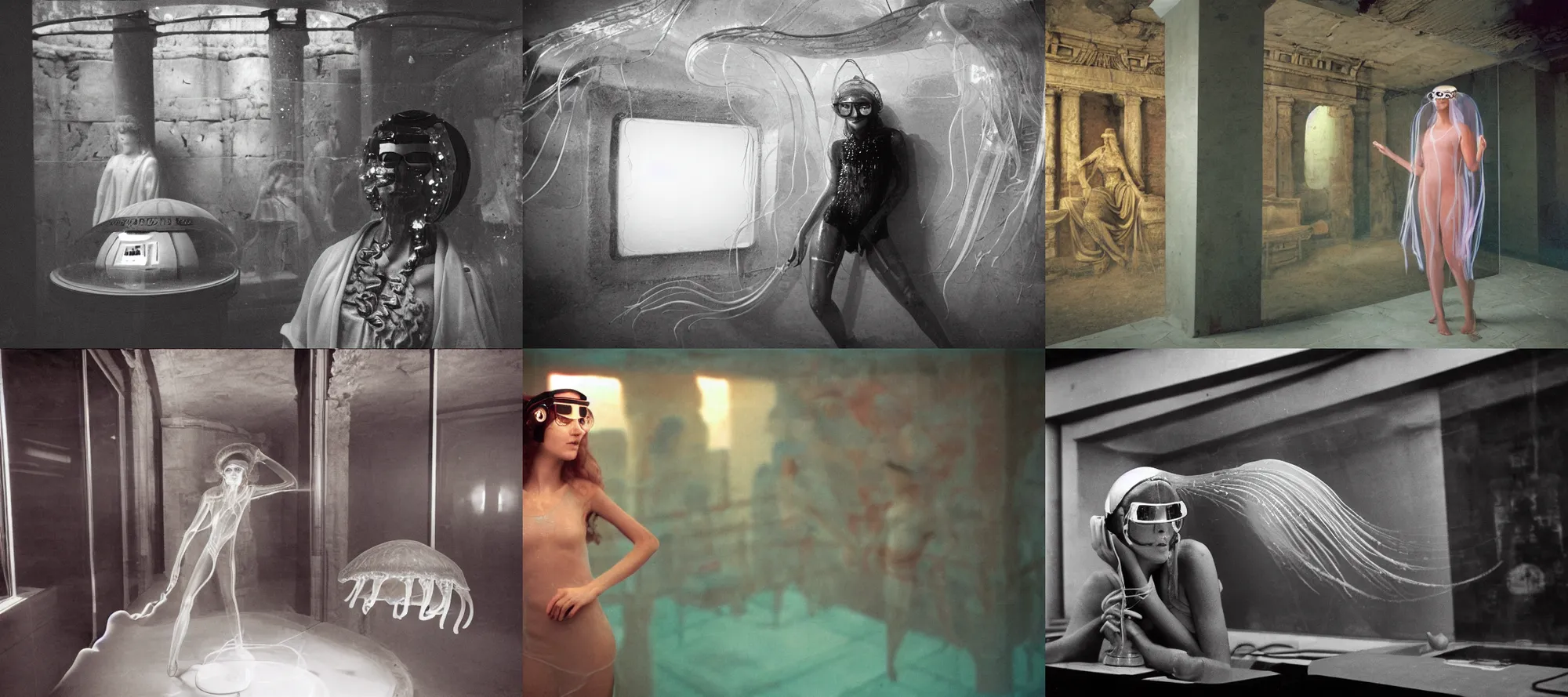 Prompt: closeup view of a female jellyfish human hybrid wearing roman clothing and visor shades, inside of a dimly lit ancient Roman villa with a soviet computer console and a transparent wall with an exterior view of a NewYork subway station that is underwater, ektachrome photograph, volumetric lighting, 24mm f8 aperture