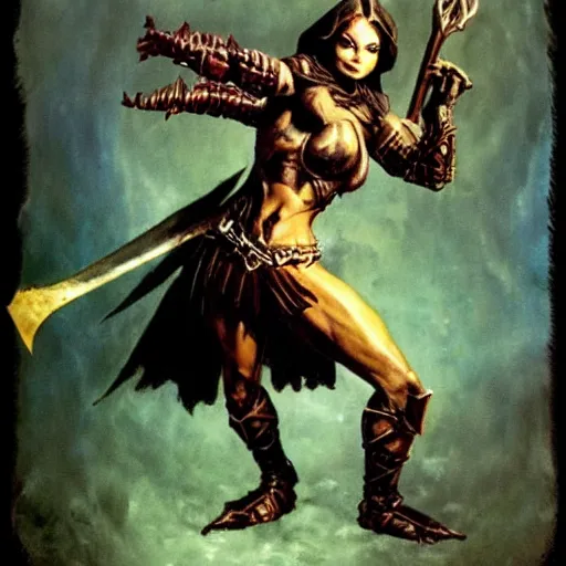 Image similar to necromancer female human knight in heroic pose,dnd, mtg,real photo by Frank Frazetta