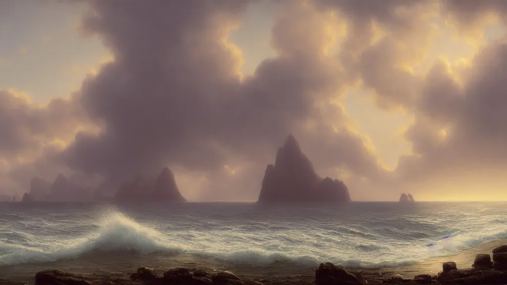 Image similar to first person view of breaking waves on the shore, summer, delicate fog, sea breeze rises in the air, by andreas rocha and john howe, and Martin Johnson Heade, featured on artstation, featured on behance, golden ratio, ultrawide angle, f32, well composed