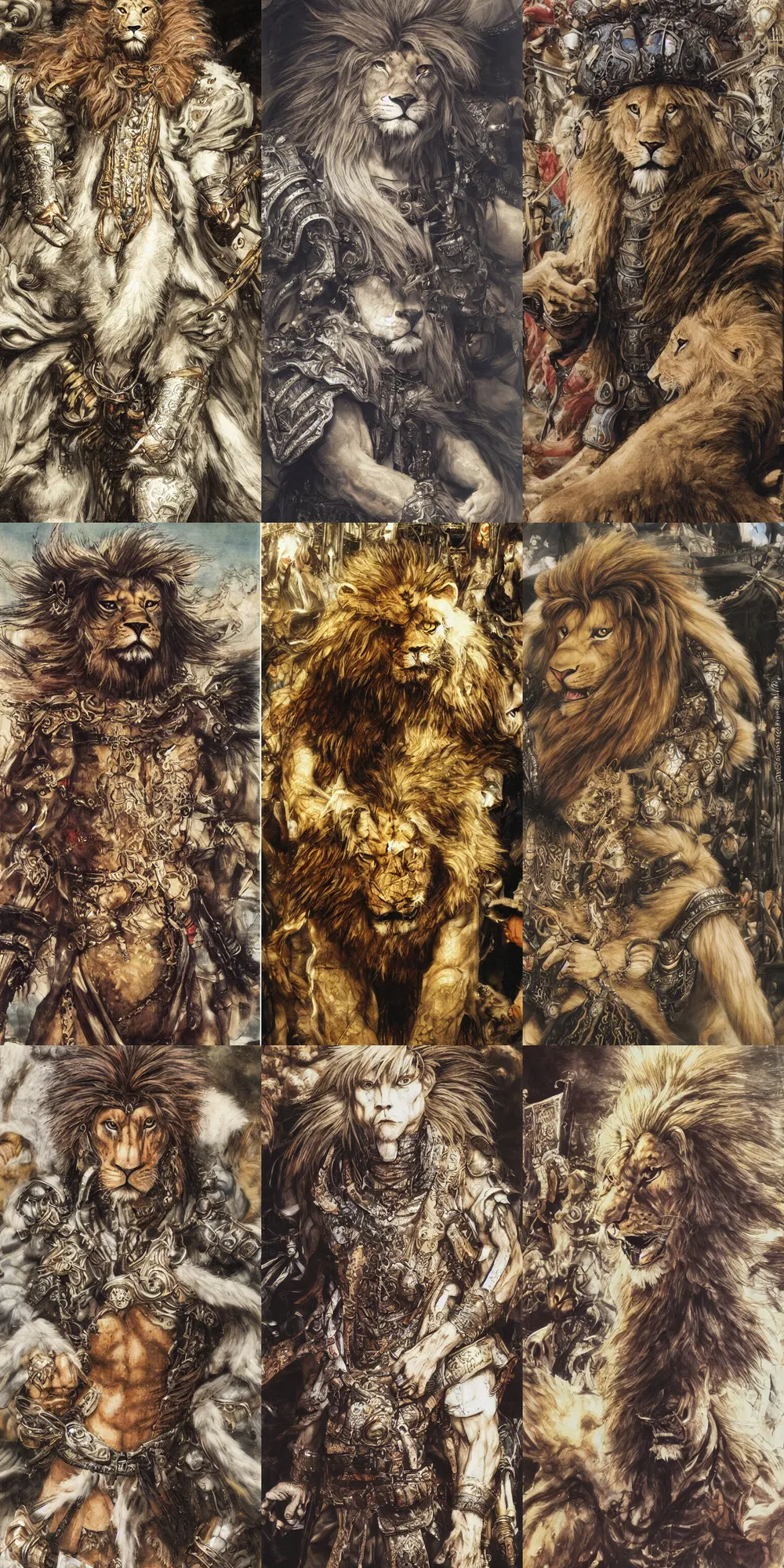 Image similar to 8 k yoshitaka amano painting of upper body of a young cool looking lion beastman with white mane at a medieval market at windy day. depth of field. he is wearing complex fantasy clothing. he has huge paws. renaissance style lighting.