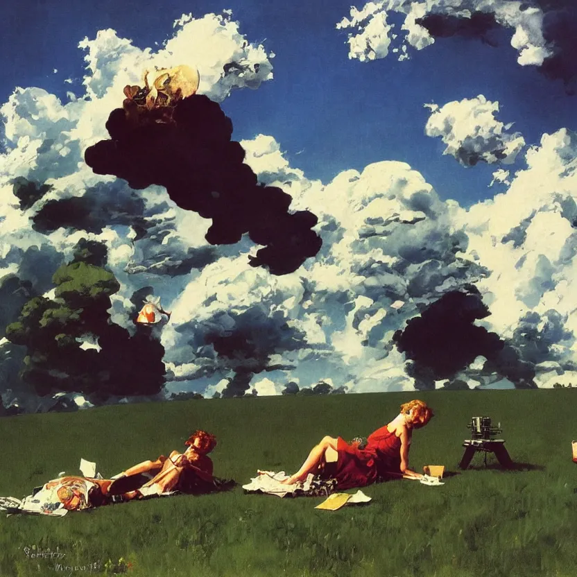 Image similar to a lounge on the edge of a meadow. billowing clouds. highly detailed science fiction painting by norman rockwell, frank frazetta, and syd mead. rich colors, high contrast, gloomy atmosphere, dark background. trending on artstation.