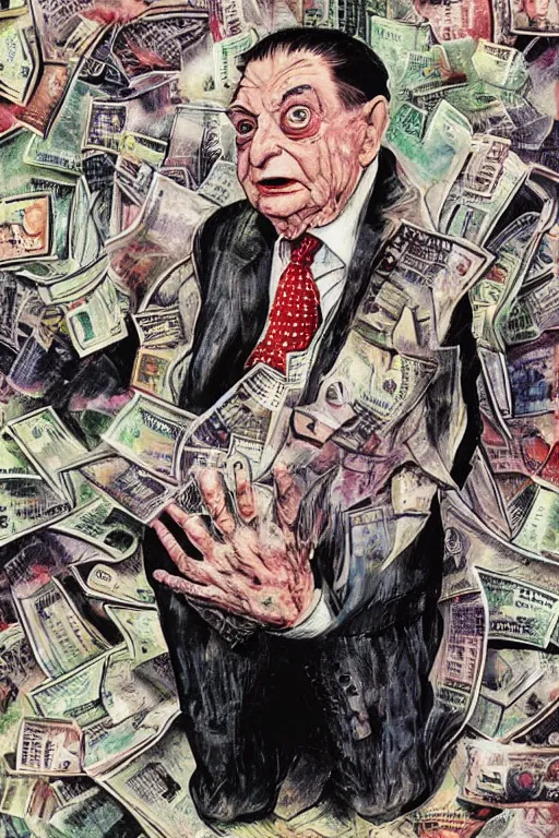 Image similar to George Soros full body shot, dollar bills Body horror, biopunk, by Ralph Steadman, Francis Bacon, Hunter S Thompson