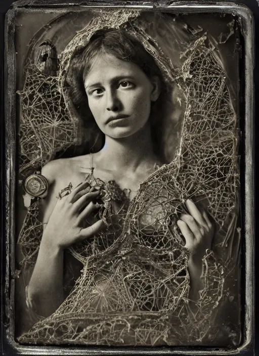 Image similar to old wetplate daguerreotype portrait of birth of lady justice cyborg, explosion of data fragments, fractal, intricate, elegant, highly detailed, parallax, leica, medium format, subsurface scattering, portrait, elegant, highly detailed, matte painting, by stanley spencer