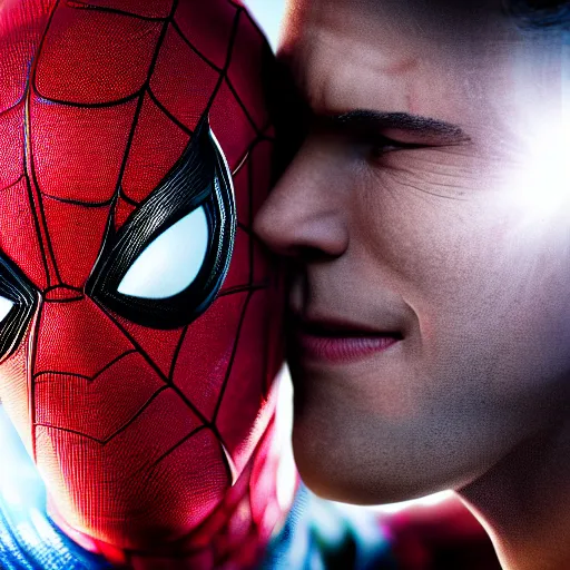 Prompt: spider-man hugging deadpool, cinematic lighting, hd 4k photo