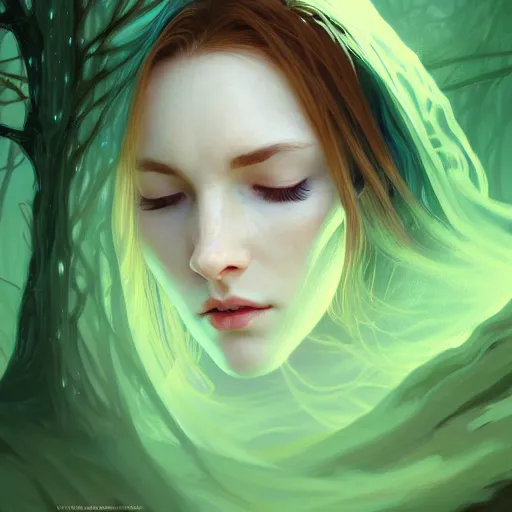 Image similar to wide angle, cloaked woman, white green brown blue color palette, eyes closed, forest, female, d & d, fantasy, intricate, elegant, highly detailed, long red hair, digital painting, artstation, octane render, concept art, matte, sharp focus, illustration, hearthstone, art by artgerm, alphonse mucha johannes voss