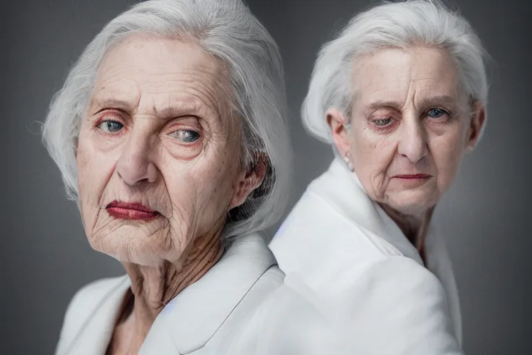 Image similar to a realistic studio cinematic headshot portrait of a beautiful old woman, wearing futuristic white suit, thunder, weather, 4 k, ultra realistic, dramatic lighting, vogue, fashion, by annie leibovitz