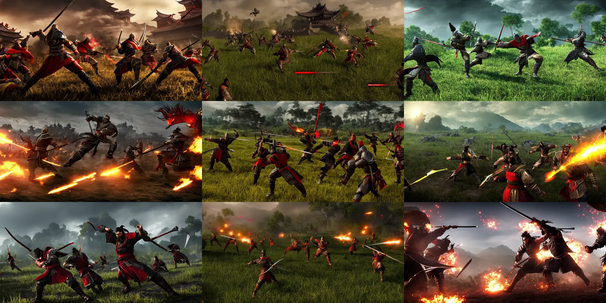 Image similar to epic battle screen of hero, total wars three kingdoms, 3 d, 8 k realistic, cryengine, playstion 5 screen, cinematic lighting