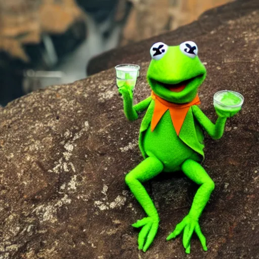 Prompt: kermit the frog drinking a beer on the edge of a cliff