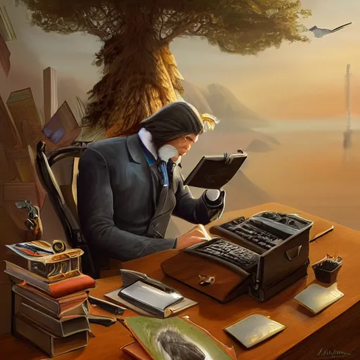 Image similar to a life-like photographic fantasy art raptorial composition of hawk office worker bird-man at computer desk facial portraiture, bird-man is lying on the desk with a baleful eye regarding the computer screen, tired, in stunning digital paint, trending fantasy art by Michael Whelan