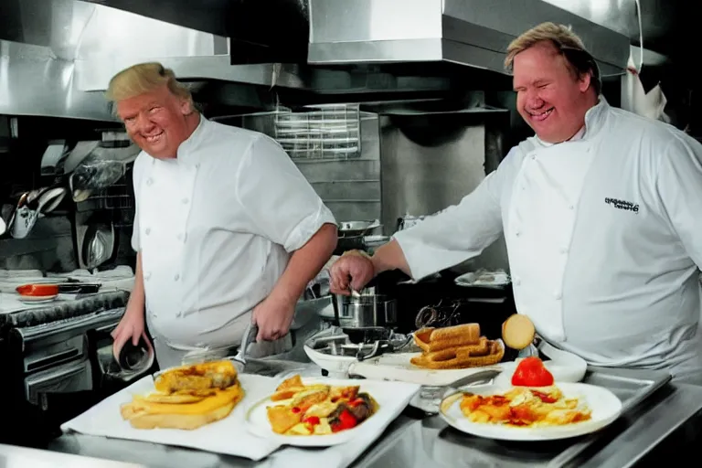 Image similar to high quality photo of fat Donald Trump working as a cook at a diner. He he is cooking on a griddle. He is smiling stupidly. Well lit