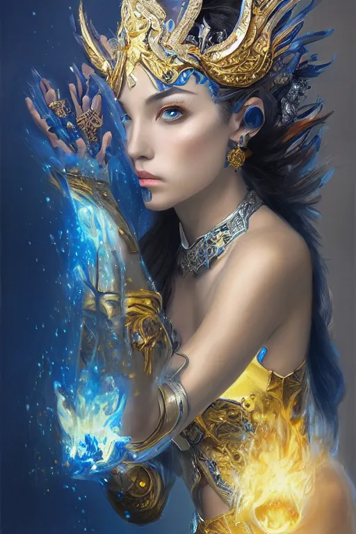 Image similar to beautiful princess with face covered with fire, king sorcerers, ornate, blue and silver, armor, robes, diamonds, angel, fantasy, yellow background beam, dramatic lighting, highly detailed, digital painting, magic the gathering, 3 d render, hyper realistic detailed portrait, peter mohrbacher, wlop, ruan jia