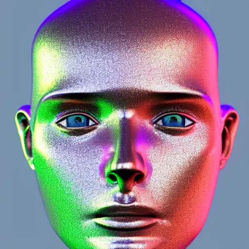 Image similar to 3d render of holographic human robotic head made of glossy iridescent, surrealistic 3d illustration of a human face non-binary, non binary model, 3d model human, cryengine, made of holographic texture, holographic material, holographic rainbow, concept of cyborg and artificial intelligence