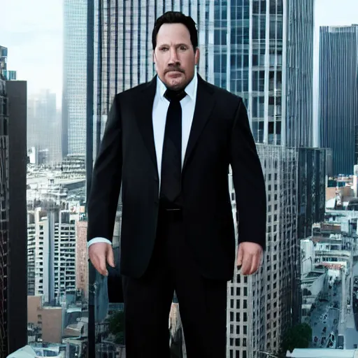 Image similar to Clean-shaven Jon Favreau as Happy Hogan wearing a black suit and black necktie and black dress shoes is climbing up a tall building in an urban city.