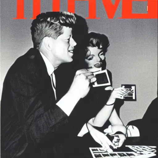 Prompt: time magazine cover photo of marilyn monroe and jfk playing yu - gi - oh with dual disks