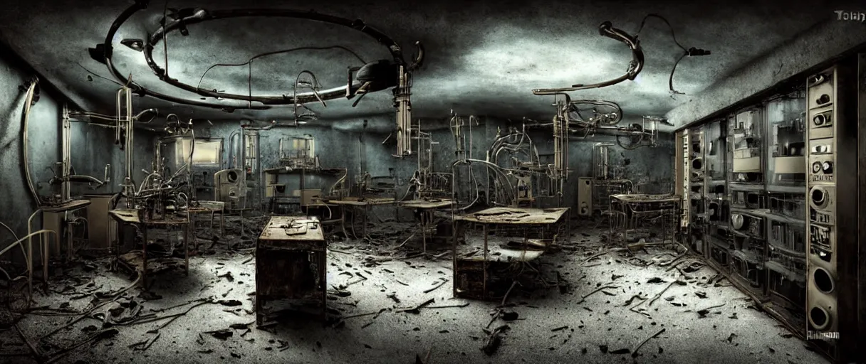 Prompt: abandoned laboratory from 1 9 3 0 s - early xx century - vintage vacuum - tube computers - metal pipes - obsolete technology - high resolution - sharp focus 4 k - dark atmosphere - high contrast - retro futuristic - biomechanic mutation - volumentric lighting - cinematic atmosphere - concept art by hans giger, ruan jia, steve mccurry