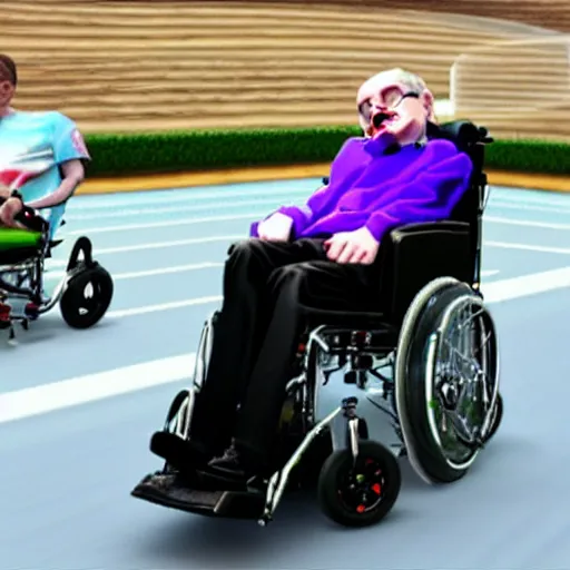 Image similar to stephen hawking in mario cart, in his wheelchair, gameplay footage