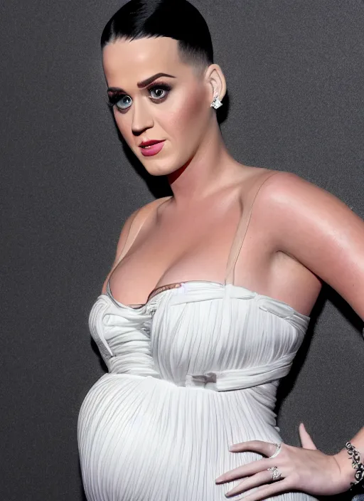 Image similar to photograph of pregnant katy perry in a white dress, intricate, elegant, highly detailed, smooth, sharp focus, symmetrical face, fine details, trending on artstation, 4 k hdr 3 5 mm photography