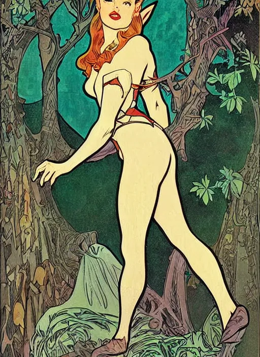 Prompt: a beautiful young woman. she is a woodland elf. well composed, clean elegant painting, beautiful detailed face. retro comic book art by steve ditko and jack kirby and ( alphonse mucha )