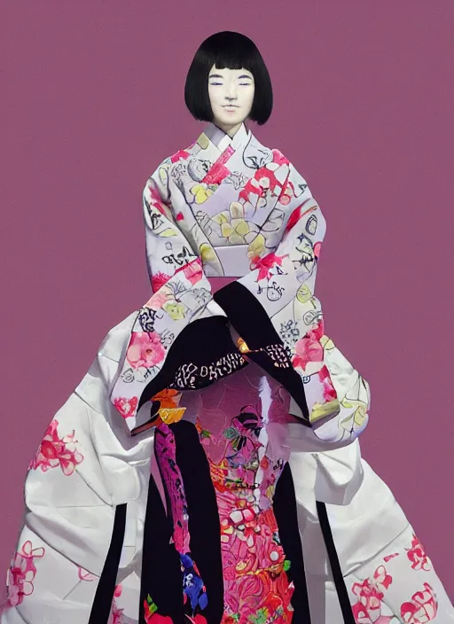 Prompt: a digital portrait of a japanese girl detailed features wearing a kimono latex suit wedding dress - synthetic materials, by balenciaga and issey miyake by ichiro tanida and mitsuo katsui