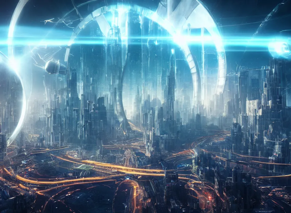 Prompt: The futuristic technologically advanced utopian city landscape backlit by sunlight is surrounded by a massive ethereal portal glowing and sparking with wispy time dimension vortex strands. Cinematic, Award winning, ultra high resolution, intricate details, UHD 8K