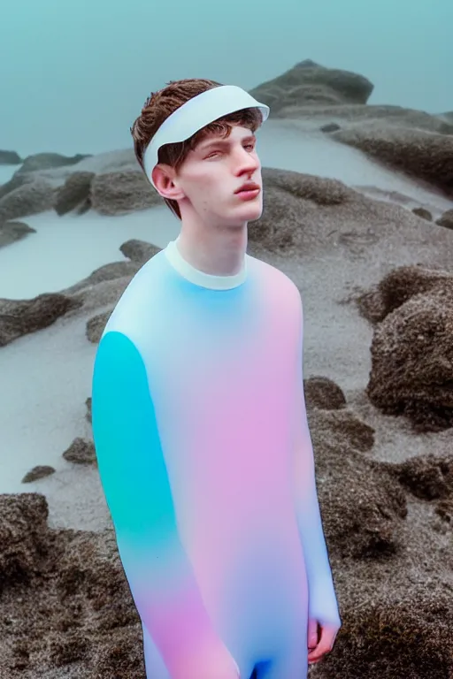 Image similar to high quality pastel coloured film mid angle portrait photograph of a beautiful young 2 0 year old male, soft features, short hair, perspex space visor and oversized inflated clothing!!!! icelandic black! rock pool environment. atmospheric three point light. photographic. art directed. ( pastel colours ). volumetric. clearcoat. waves. 8 k. filmic.