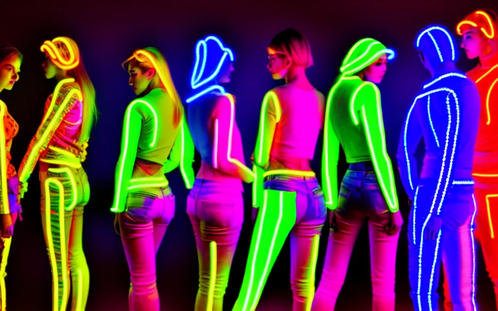 Prompt: love, diverse neon cybersuits, from behind, wide wide angle, vivid, elaborate, highly detailed, beautiful lighting