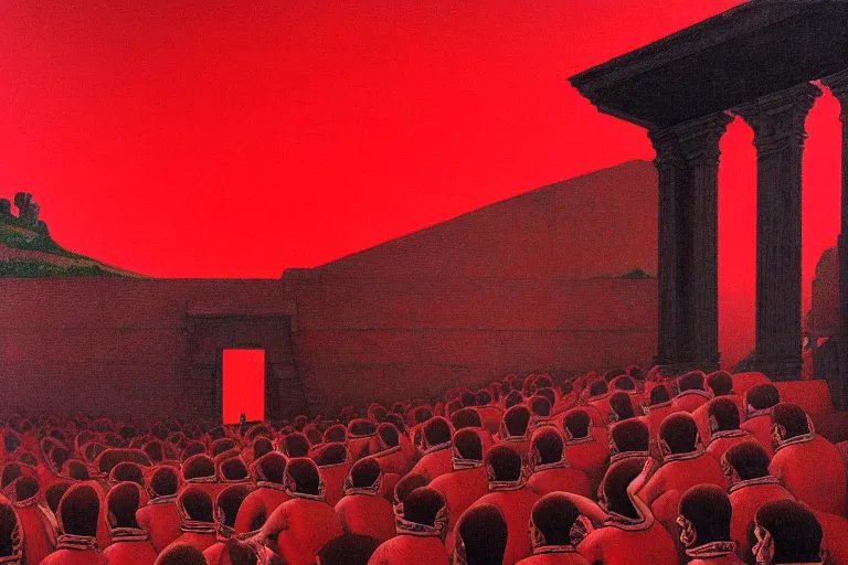 Image similar to only with red, a red great emperor, taormina amphitheatre, crowd with big smile, in the style of beksinski, parts by edward hopper, parts by rodcenko, parts by yue minjun, intricate and epic composition, red by caravaggio, insanely quality, highly detailed, masterpiece, red light, artstation, 4 k