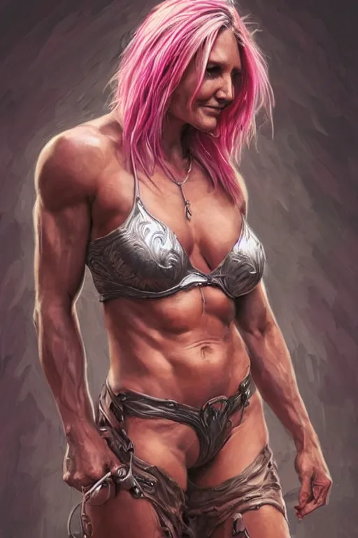 Image similar to muscled Cameron Diaz as a ruggedly handsome hero wearing pink feathers, intricate, elegant, tasteful, highly detailed, centered, digital painting, artstation, concept art, smooth, sharp focus, illustration, art by artgerm and donato giancola and Joseph Christian Leyendecker, WLOP