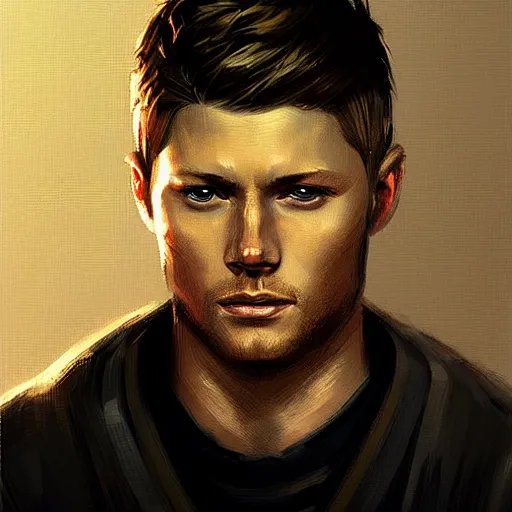 Image similar to “ portrait of jensen ackles by greg rutkowski, young, attractive, highly detailed portrait, scifi, digital painting, artstation, concept art, smooth, sharp foccus ilustration, artstation hq ”