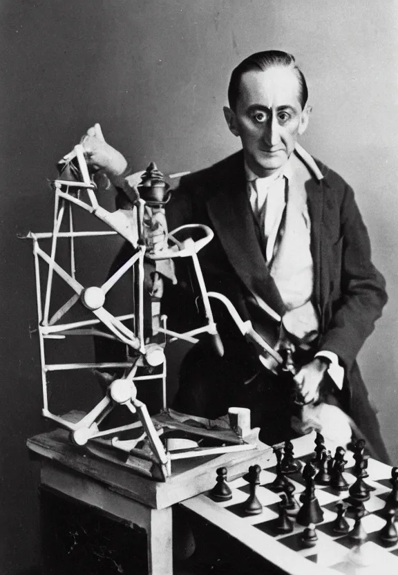 Image similar to marcel duchamp holding up a chess - piece wire - machine, a surrealist painting by marcel duchamp, complex artificial - intelligence machinery, flickr contest winner, studio portrait, 1 9 2 0 s