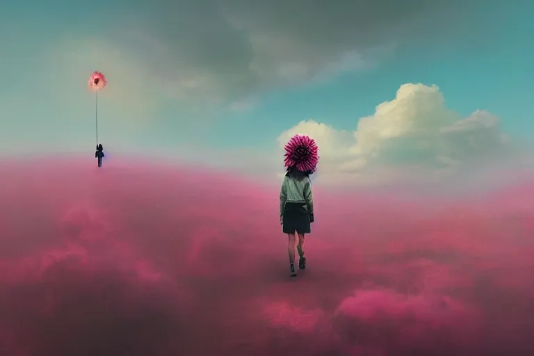 Prompt: giant dahlia flower crown head on girl walking on mountain, surreal photography, pink storm clouds, dramatic light, impressionist painting, digital painting, artstation, simon stalenhag