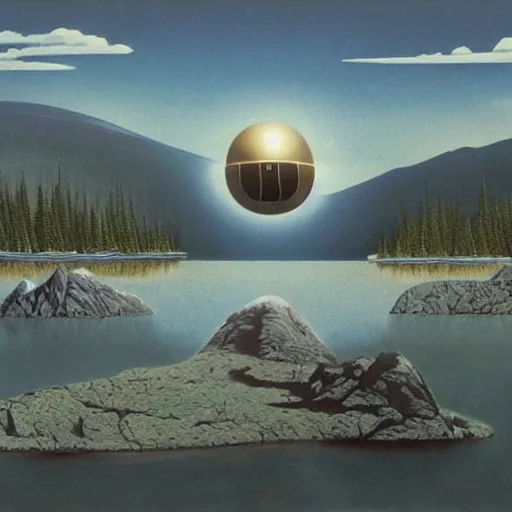 Image similar to a giant metal sphere, adorned with canadian aboriginal patterns, hovering above a lake in Yukon, Ralph McQuarrie, concept art, dramatic perspective.