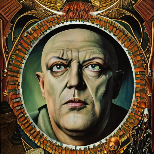 Image similar to a highly detailed occult painting of Aleister Crowley pointing up, cenobyte, hexglow, contracept, wildcards, denizens, matte painting, glowing eyes, felipe pantone, pascal blanche, pascal blanche, mohrbacher, blanche, and across the face portrait, big daddy ross painting, wide shot, an expansive view of the sun, intricate details, epic, dramatic, cinematic lighting, hyperrealistic, skeletal, elaborate, furniture, dreamy, machine, robot, cardboard, dark, inception, cinematic lighting, surrealism style, muted colors, soft tones, pastel colors, ornate in the dnd art style on album cover, unreal