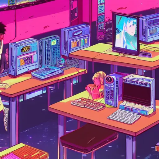 Prompt: seedy internet cafe, sprite, vaporwave nostalgia, directed by beat takeshi, visual novel cg, 8 0 s anime vibe, kimagure orange road, maison ikkoku, initial d, sketch by osamu tezuka, directed by makoto shinkai and beat takeshi, 4 k ultra hd