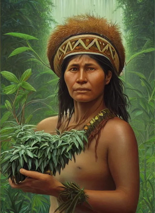 Prompt: a beautiful close up portrait of an indigenous woman holding medicinal plants in the jungle, highly detailed, art by christophe vacher