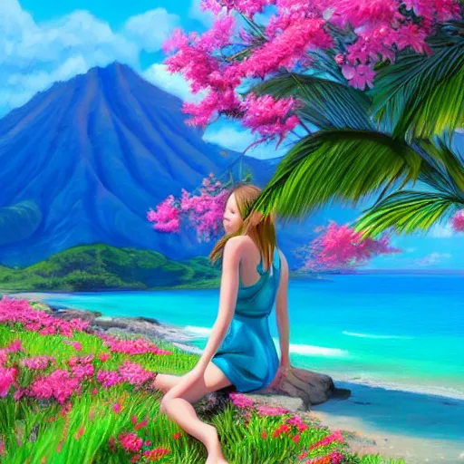 Prompt: A detailed and intricately painted scene of a girl looking at a beautiful Hawaiian landscape of flowers and clear blue waters, featured on ArtStation, trending on ArtStation, cgsociety, trending on 500px, deviantart