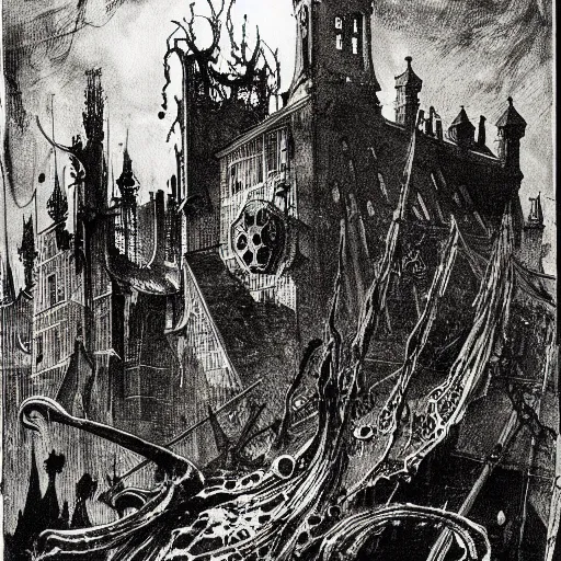 Image similar to the alchemical art of etching by master anders zorn. a lovecraftian horror destroying a city. ink highly detailed lines