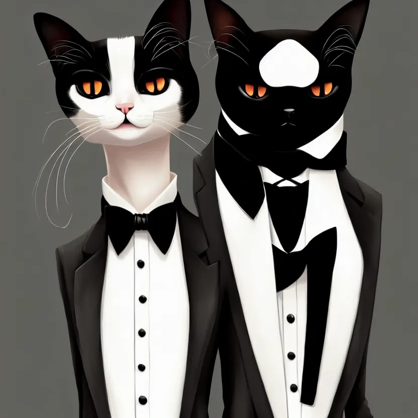 Image similar to slim cruel business humanoid ginger cat in tuxedo with black bob hair, elegant, 2 d, ultra highly detailed, digital painting, smooth, sharp focus, artstation, art by ilya kuvshinov!