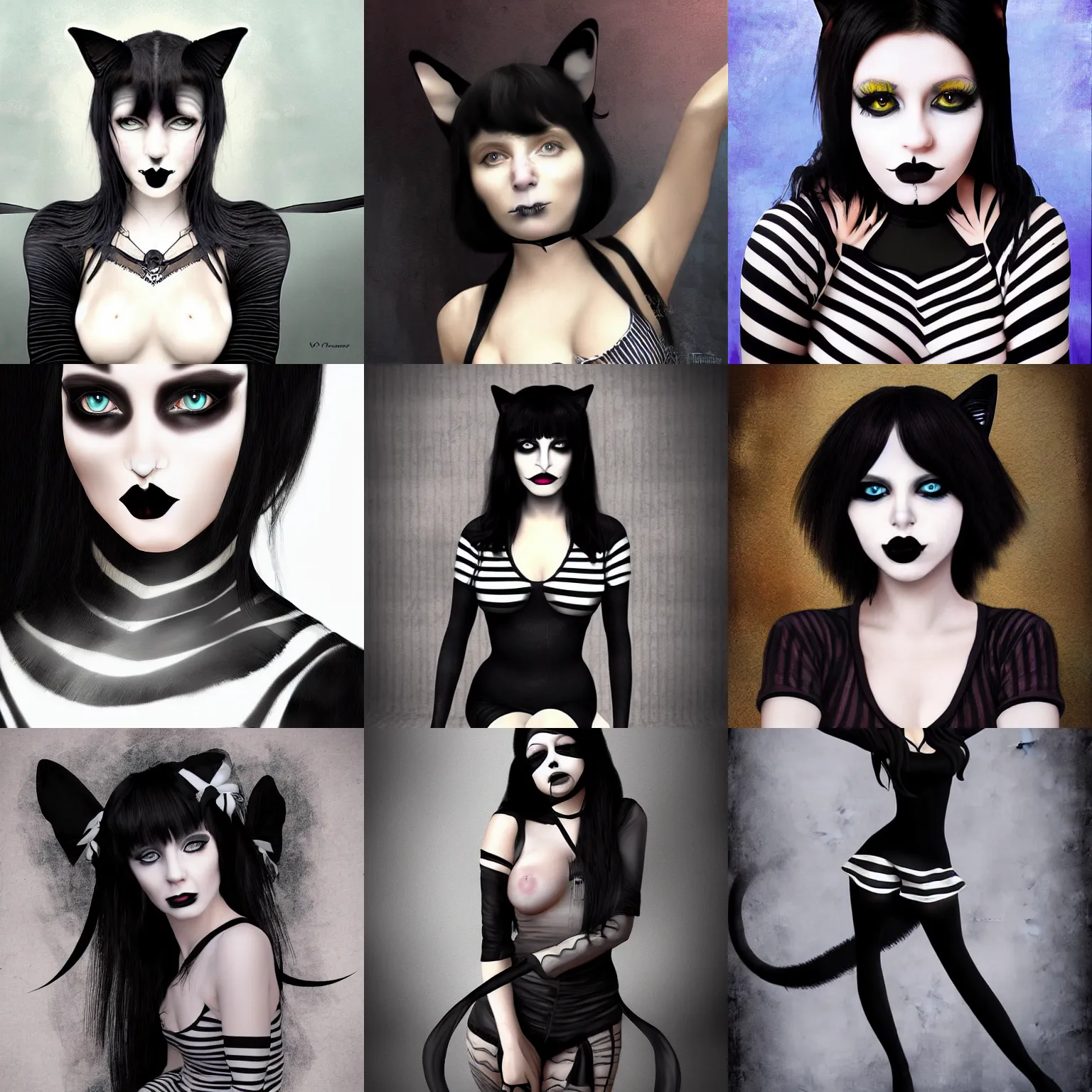 Prompt: portrait of a goth catgirl, black t - shirt, striped pantyhose, digital art, matte painting by victoria frances