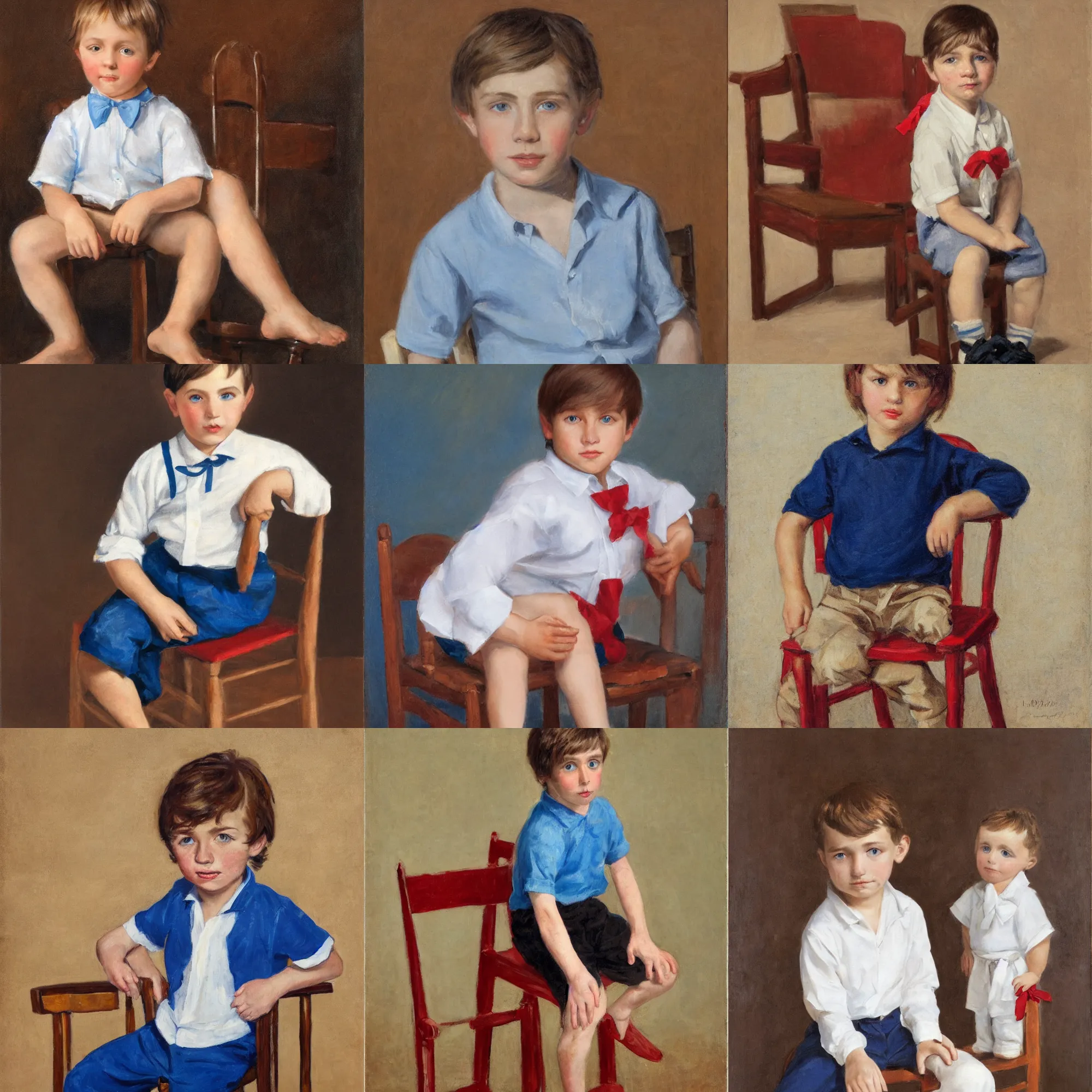 Prompt: a front view portrait of a young caucasian boy, with short straight brown hair, blue eyes, wearing a white shirt with a red bow, black small pants and dark color shoes ; seated on a tall wooden chair ; ligh brown background, oil painting, volumetric light
