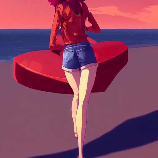 Image similar to character deisgn by lois van baarle, artgerm, helen huang, by makoto shinkai and ilya kuvshinov. cute scarlet red haired cybertronic woman, steel gray body, denim shorts, jacket, at beach at sunset, beautiful face, smile, elegant, exaggerated proportions, looking at camera