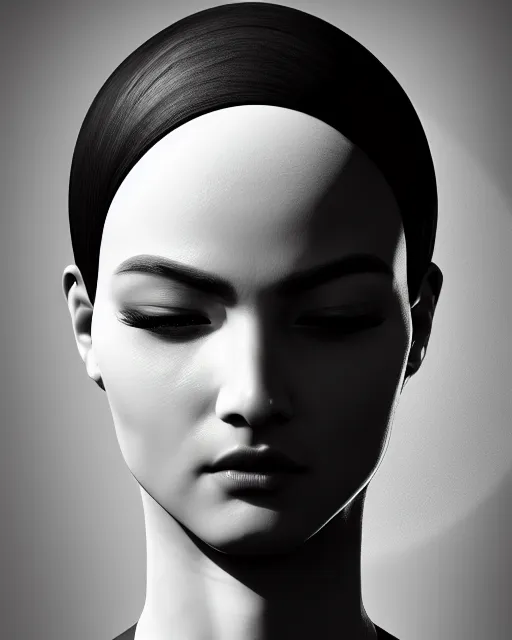 Image similar to black and white side portrait ultra detailed, beautiful female android, deity, sharp focus, highly detailed global illumination, concept art. 8 k