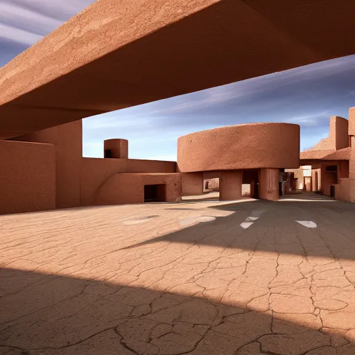 Image similar to cyberpunk pueblo architecture covering a desert landscape