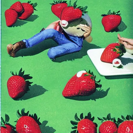 Image similar to hasbulla with flat face eat huge strawberries in the postsoviet suburbia