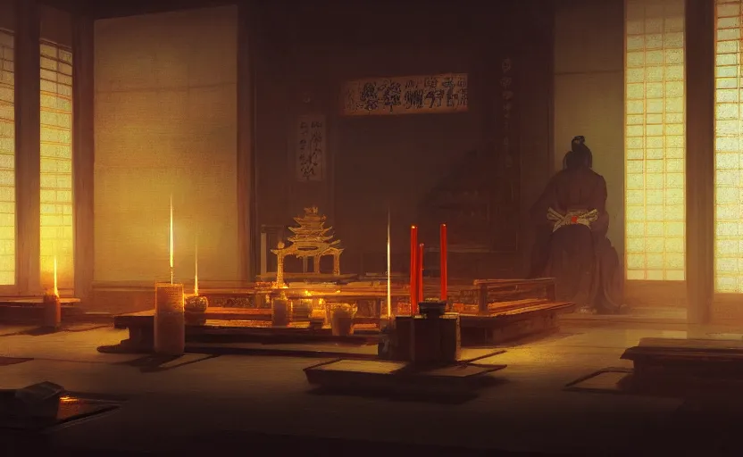 Prompt: painting of an interior Japanese temple with candles by Greg Rutkowski and Craig Mullins, Dark atmospheric sad and cinematic lighting, Trending on artstation