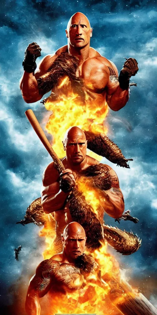 Prompt: movie poster of dwayne johnson with a baseball bat fighting king ghidorah outside a space station