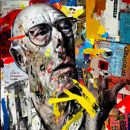 Prompt: hyperrealistic, photorealistic, mixed media oil painting of hunter s. thompson, magazine scraps, plaster, blood, oil, mustard, splatter, greg rutkowski, basquiat, ralph steadman, wesley kimler